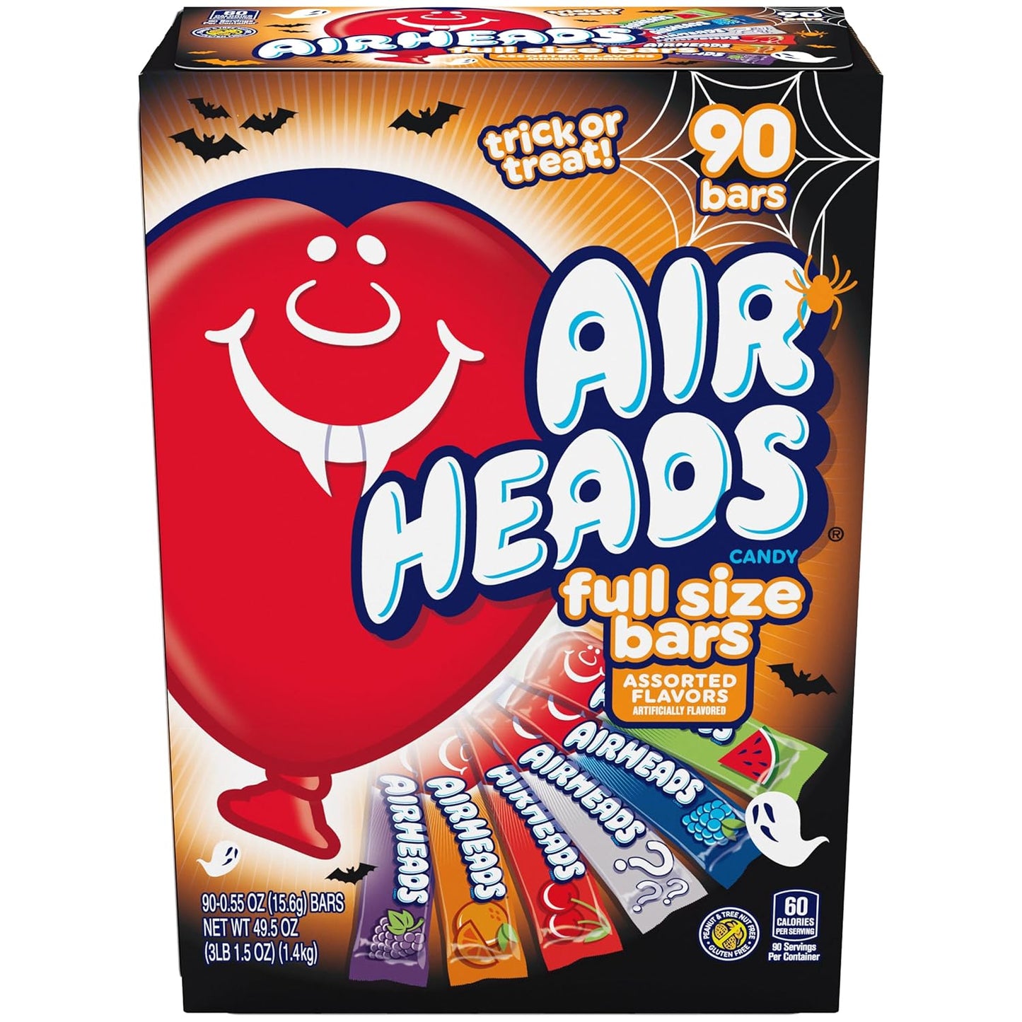 Airheads Full-Size Candy Bars, Taffy Candy Bulk Variety Pack, Individually Wrapped, Six Assorted Fruit Flavors Artificially Flavored, 60 Count Box