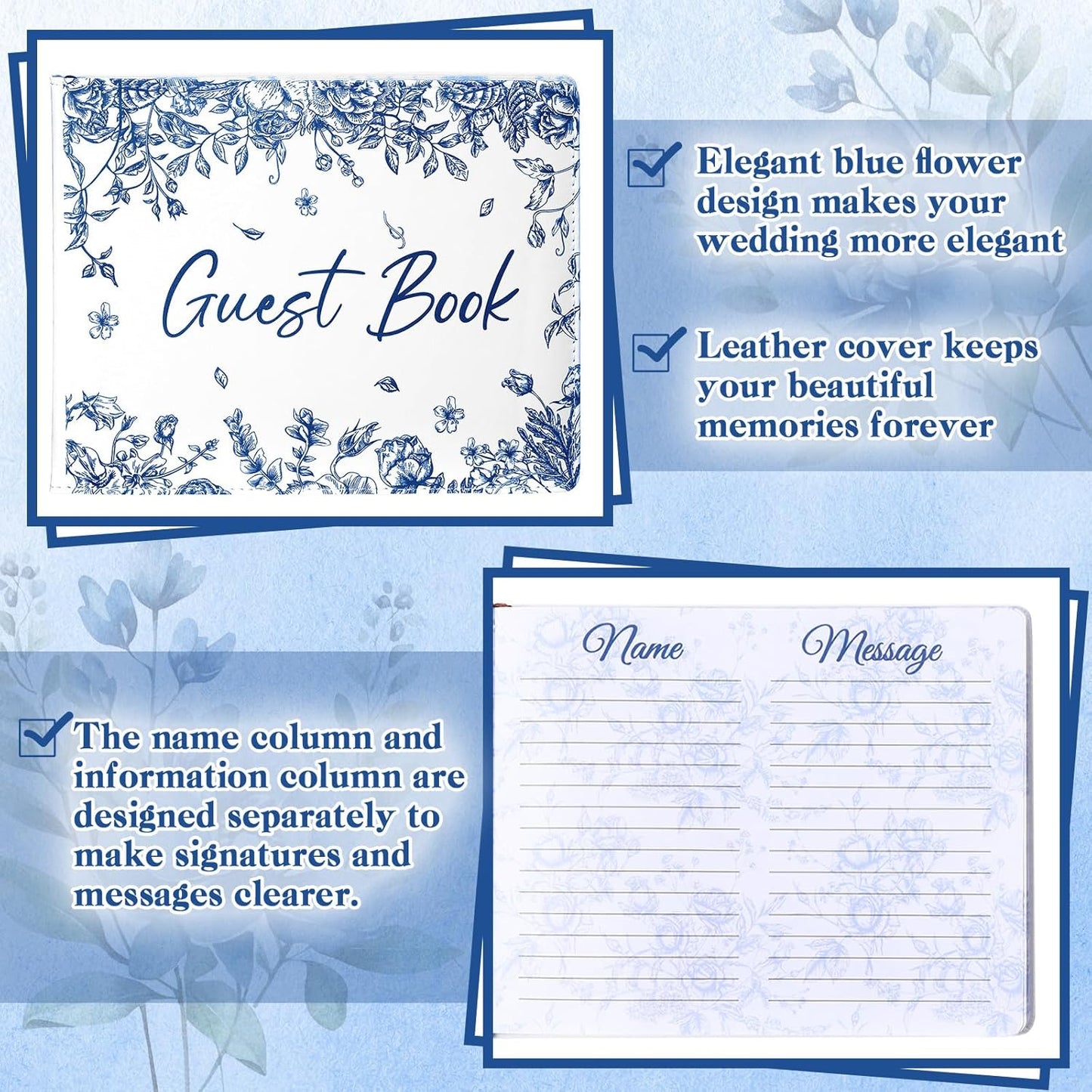 Panelee Wedding Guest Book with Pen Set Elegant Guest Sign in Books Bridal Shower Guestbook Beautiful Guest Book Wedding Reception Guestbook for Wedding (Flower, Blue)
