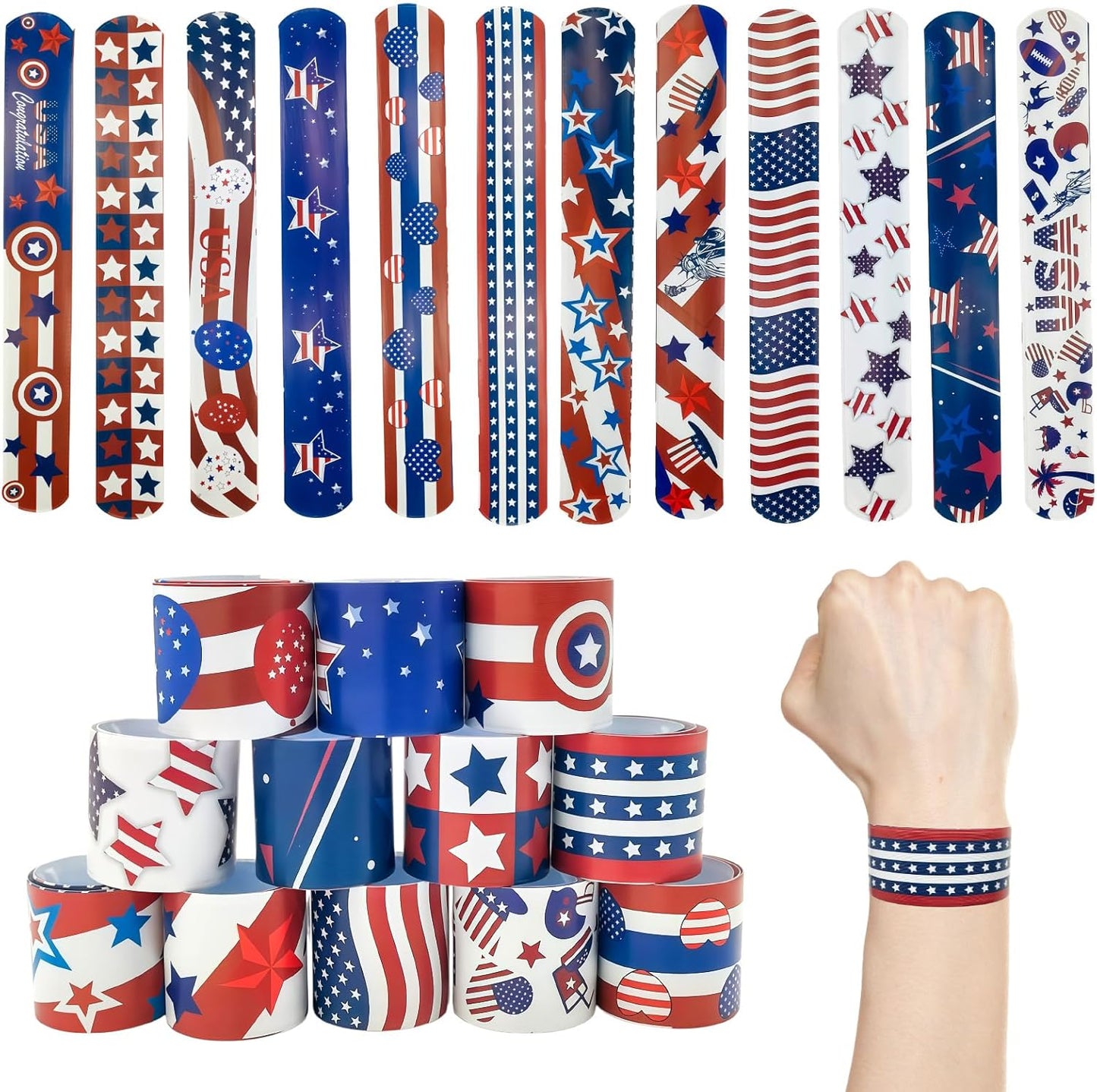 48 Pcs 4th of July Slap Bracelets Party Favors Patriotic Snap Bracelet Bulk Red White Blue American Flag Independence Day Party Supplies Exchanging Gifts Classroom Prizes