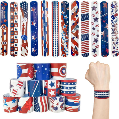 48 Pcs 4th of July Slap Bracelets Party Favors Patriotic Snap Bracelet Bulk Red White Blue American Flag Independence Day Party Supplies Exchanging Gifts Classroom Prizes