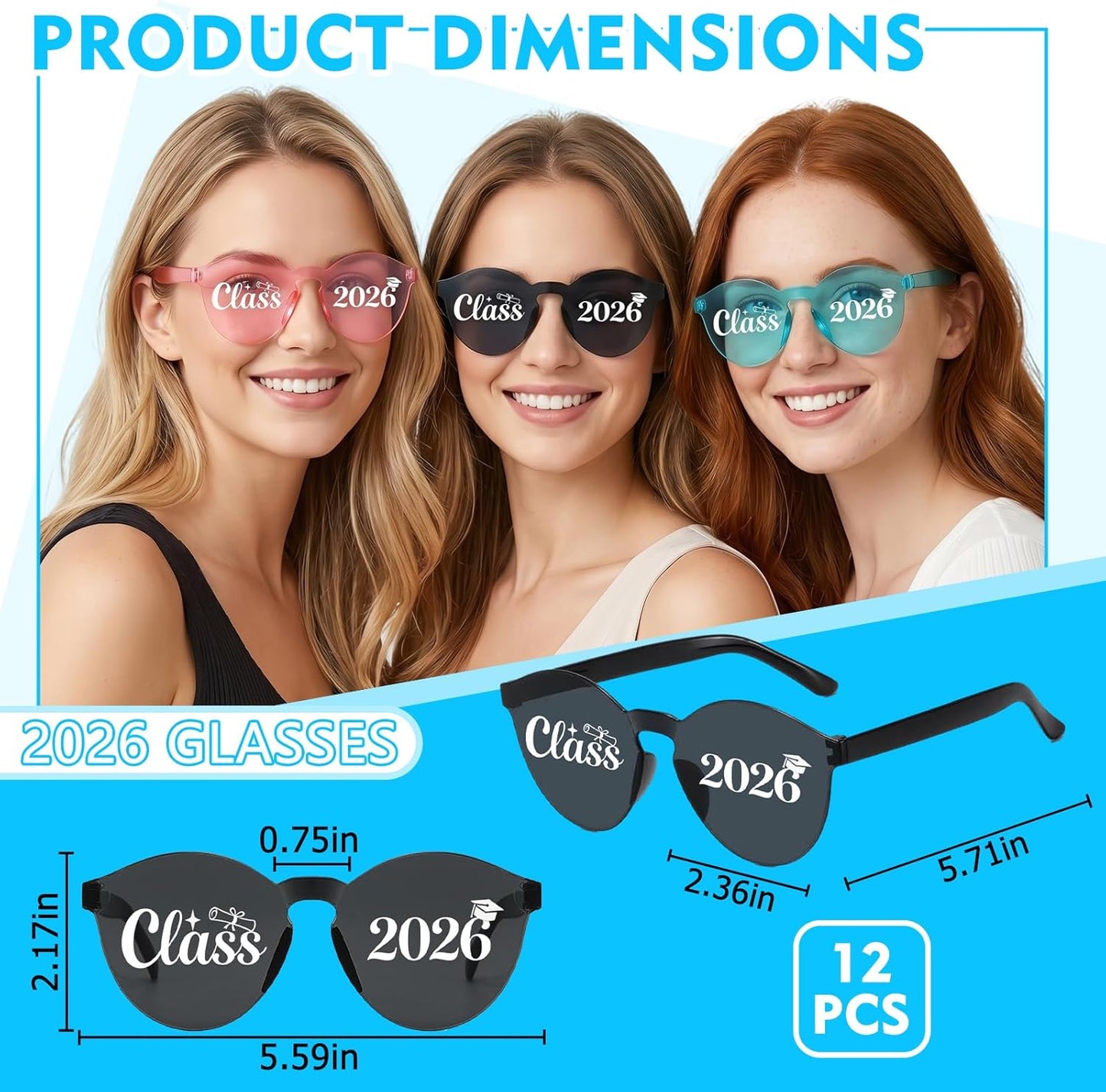 Vegove 12PC Class of 2026 Graduation Sunglasses - Prom Costume Eyewear Party Photobooth Props for Grand Celebration Supplies