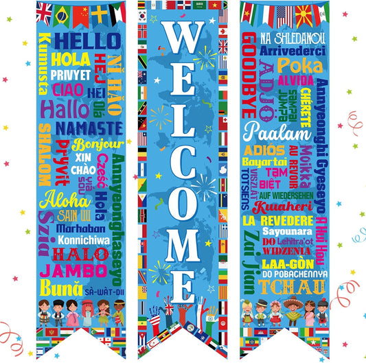 Outus 3 Pcs World Flag Banner Flag Decoration Welcome International Banner Porch Sign Country Flags for International Party Supplies Around the World Sports Events Club Classroom Decor(Classic)