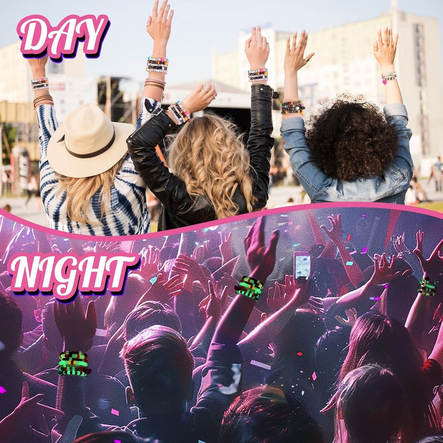 16/24/32Pcs Rave Music Bracelets Set Glow In The Dark EDM Music Stretch Bracelets Multicolor Rave Party Favor for Women Men EDM Party Music Festival