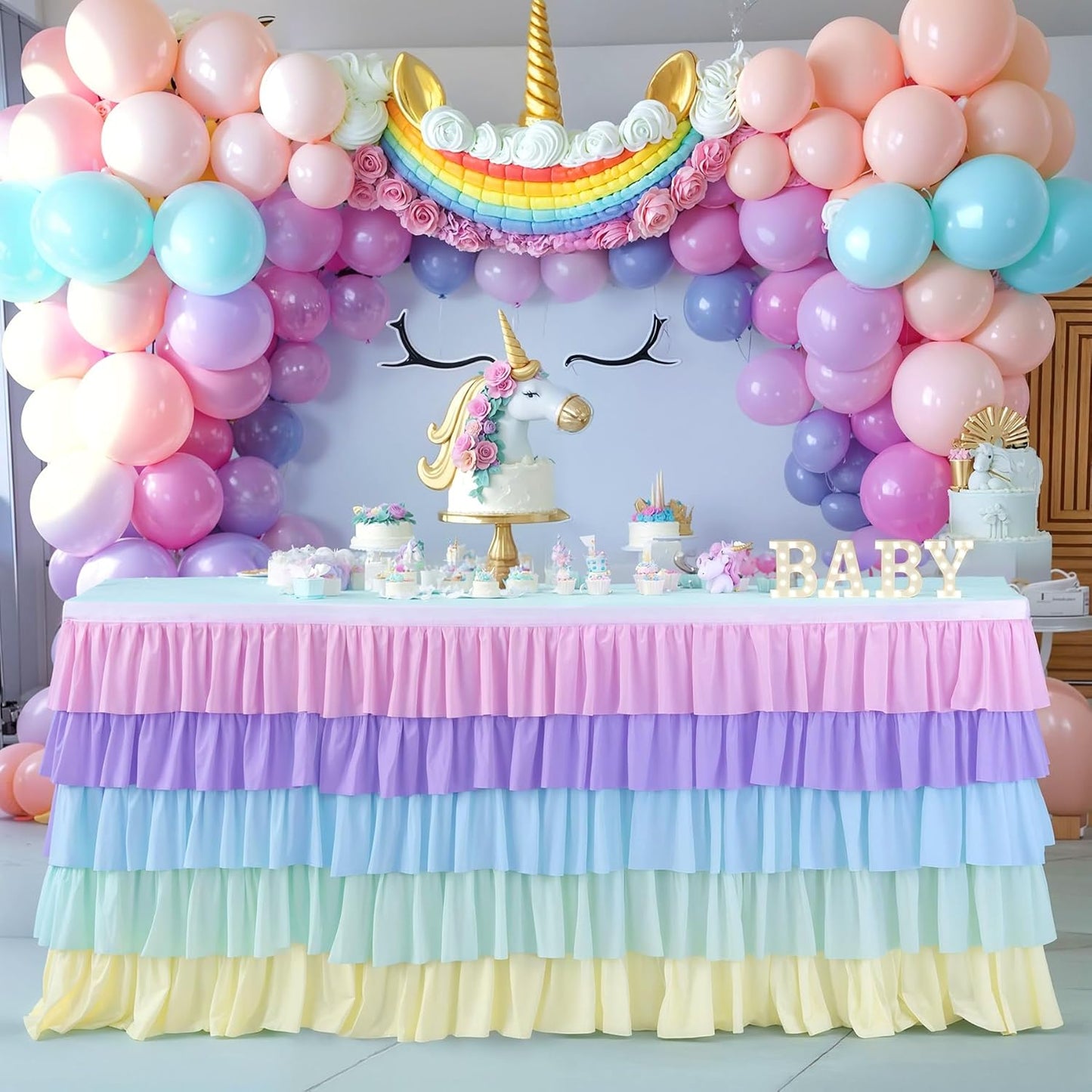 6ft Rainbow Tutu Table Skirt for Rectangle Round Tables Chiffon Table Cloth for Birthday Party Decorations Baby Shower Parties Ruffle Table Skirting