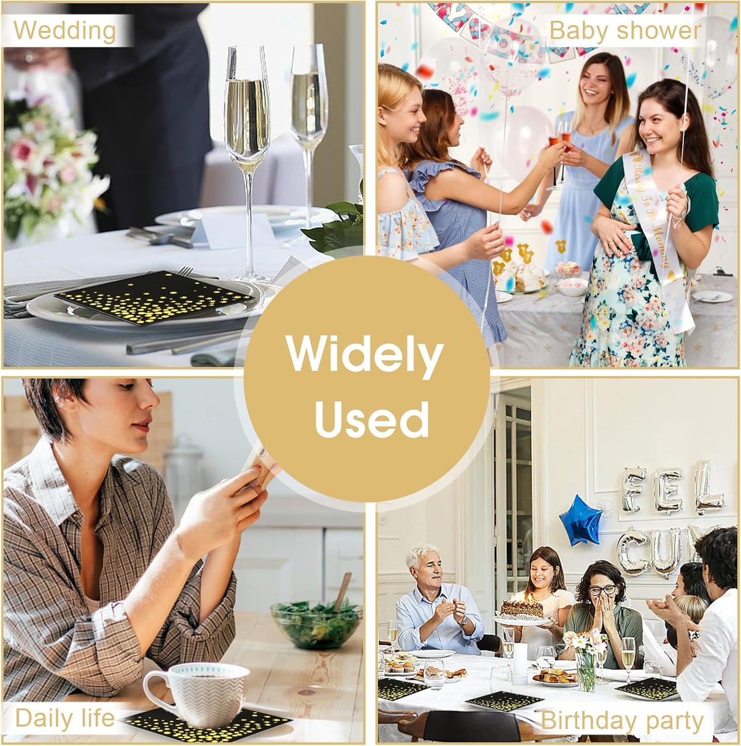 100 Pcs Gold Cocktail Napkins, 3-Ply Party Paper Napkins, 5 x 5 Inches Bar Napkin Disaposable for Weddings, Birthdays, Baby Showers, Anniversaries, and Cocktail Parties (White)