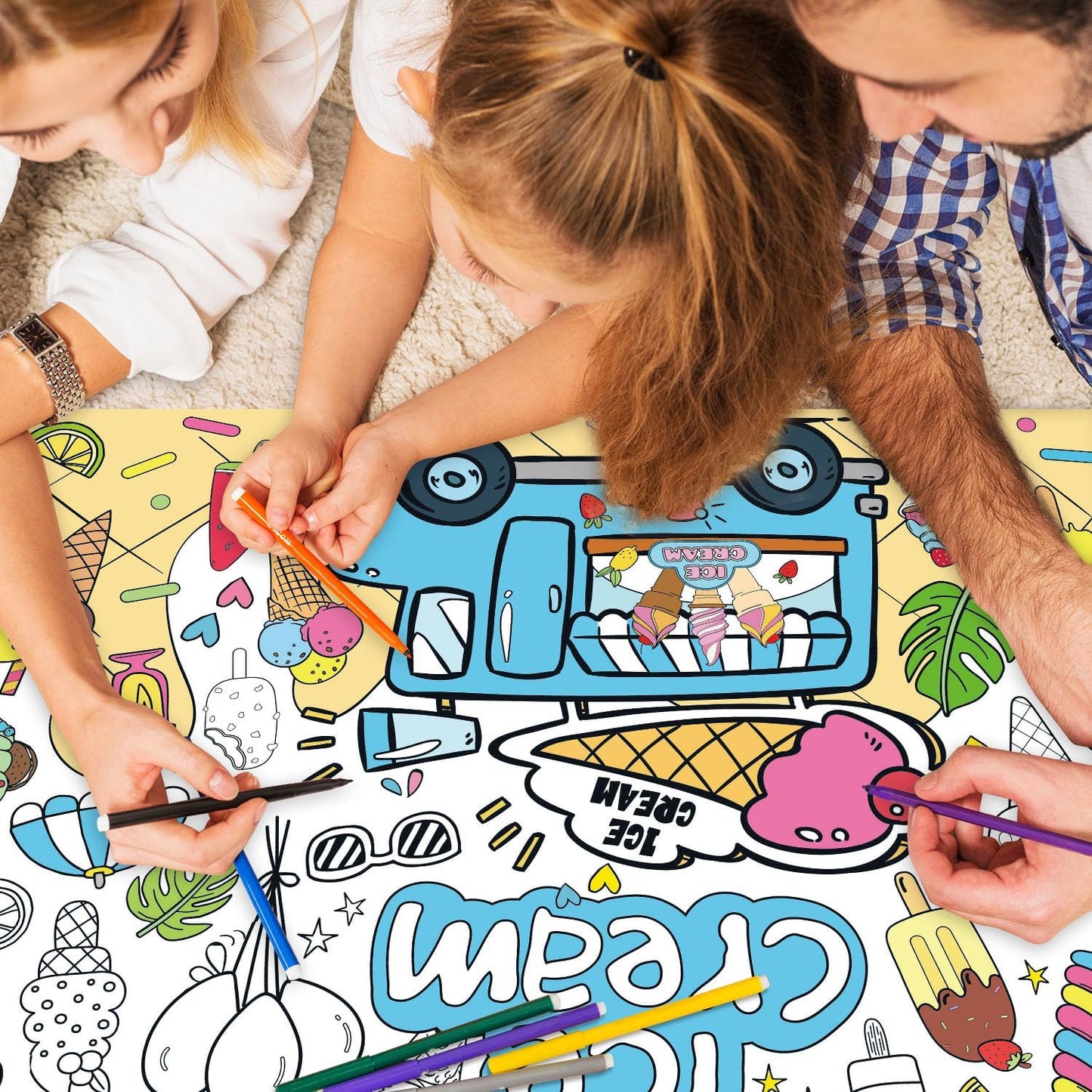 43.3x31.5 Summer Coloring Poster with Picture, Giant Cute Painting Poster, Large Coloring Tablecloth for Classroom Home Birthday Party Supplies Favor