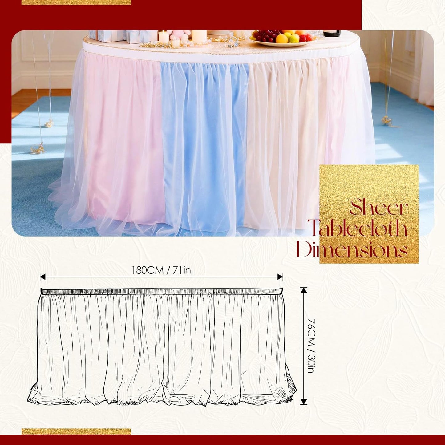 THARAHT Tulle Table Skirt 6FT 180CM Long for Rectangle Tables Round Tables Ruffle Desk Skirt for Princess Girls Birthday Party Cake Dessert Decorations Table Skirt