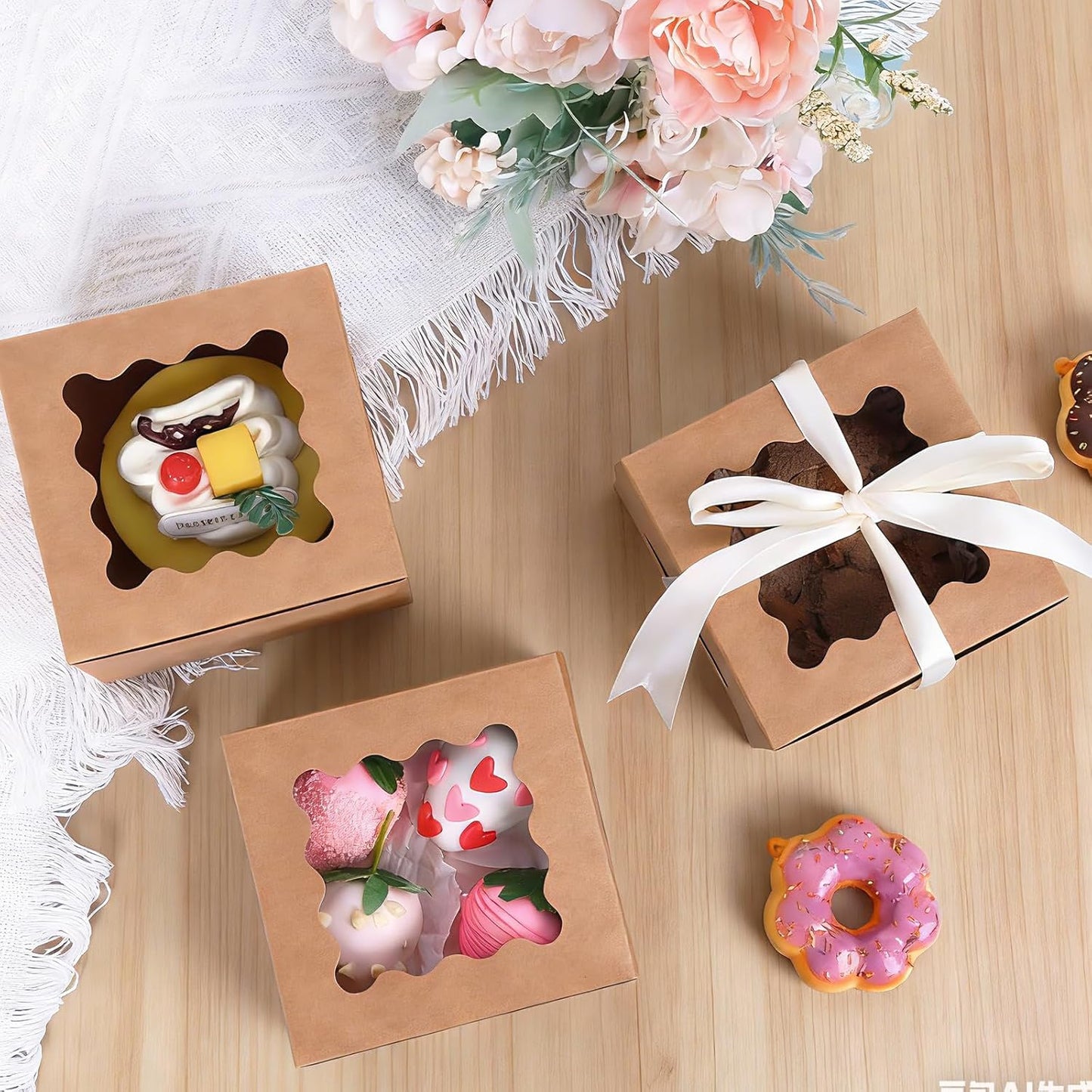 Moretoes 120pcs White Bakery Boxes, 4x4x2.5 Inch Cookie Boxes with Window for Small Cake, Treats, Donuts, Candy
