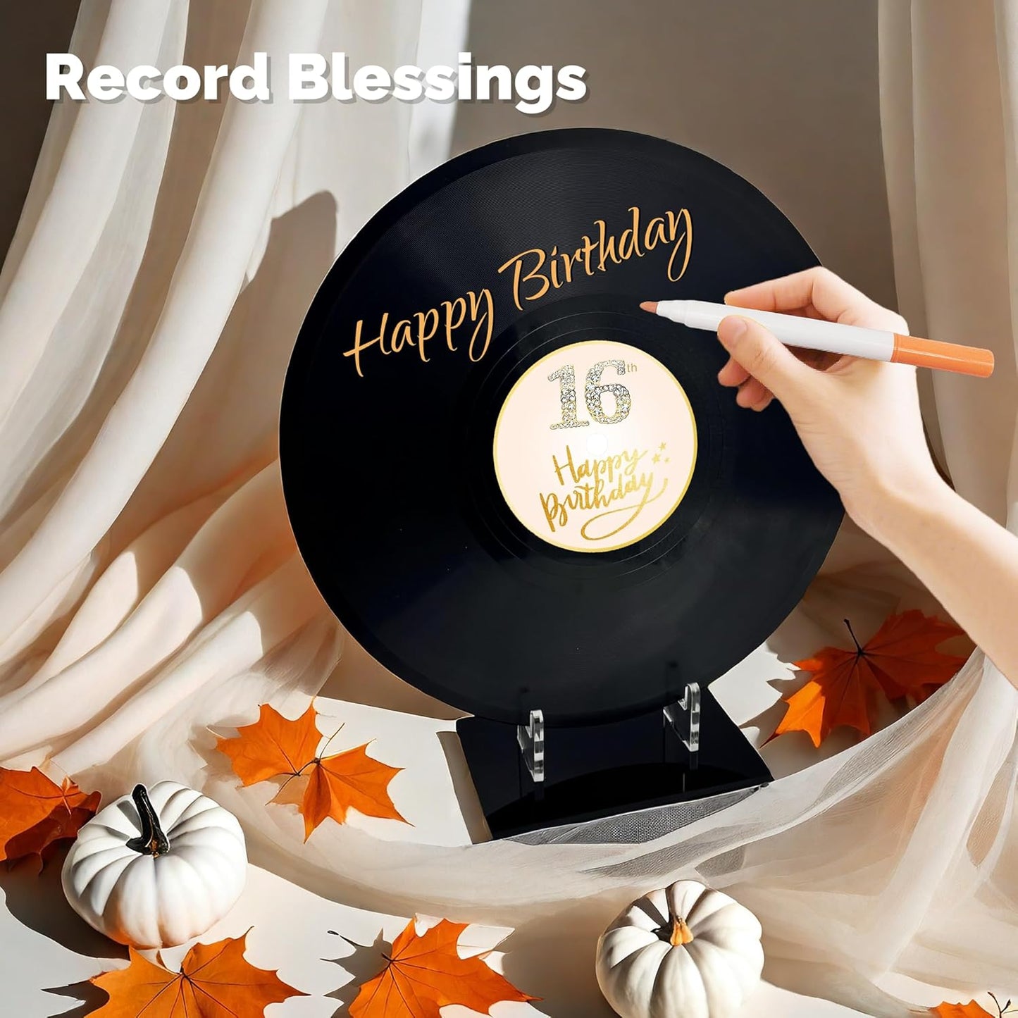 REEGII Vinyl Record Style Birthday Guest Book for Birthday Decorations - Large 11.6"x11.6" Sign-In Poster with 12 Pens | Unique Keepsake Gift for Birthday Party Decor (Happy Birthday, Golden, 11.6"L x 11.6"W)
