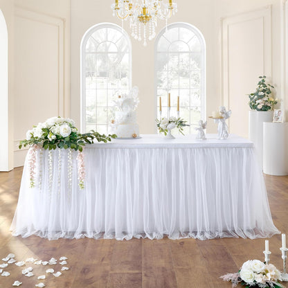 72inch Champagne Gold Tulle Table Skirts for Rectangle Round Tables, Gold Grim Ruffle Tulle Tutu Cloth Table Skirt 6ft for Wedding Birthday Party Cake Dessert Decor(No Top Cover)