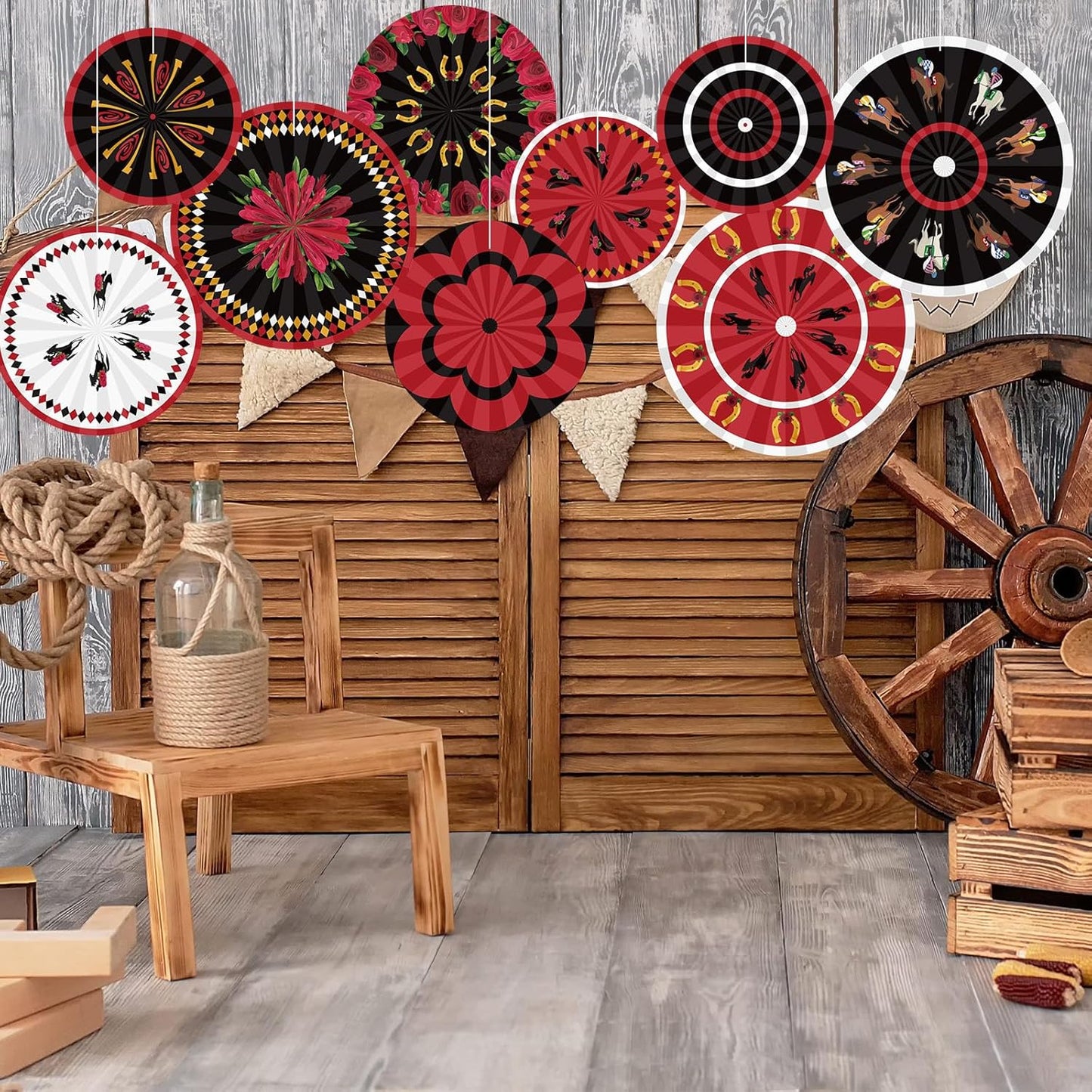 Outus 9 Pcs Western Cowboy Party Decorations Paper Fans Wagon Wheels Straw Hay Bales Hanging Ceiling Wall Decor for Country Western Themed Rodeo Farm Birthday Party Supplies (Wagon Wheels)