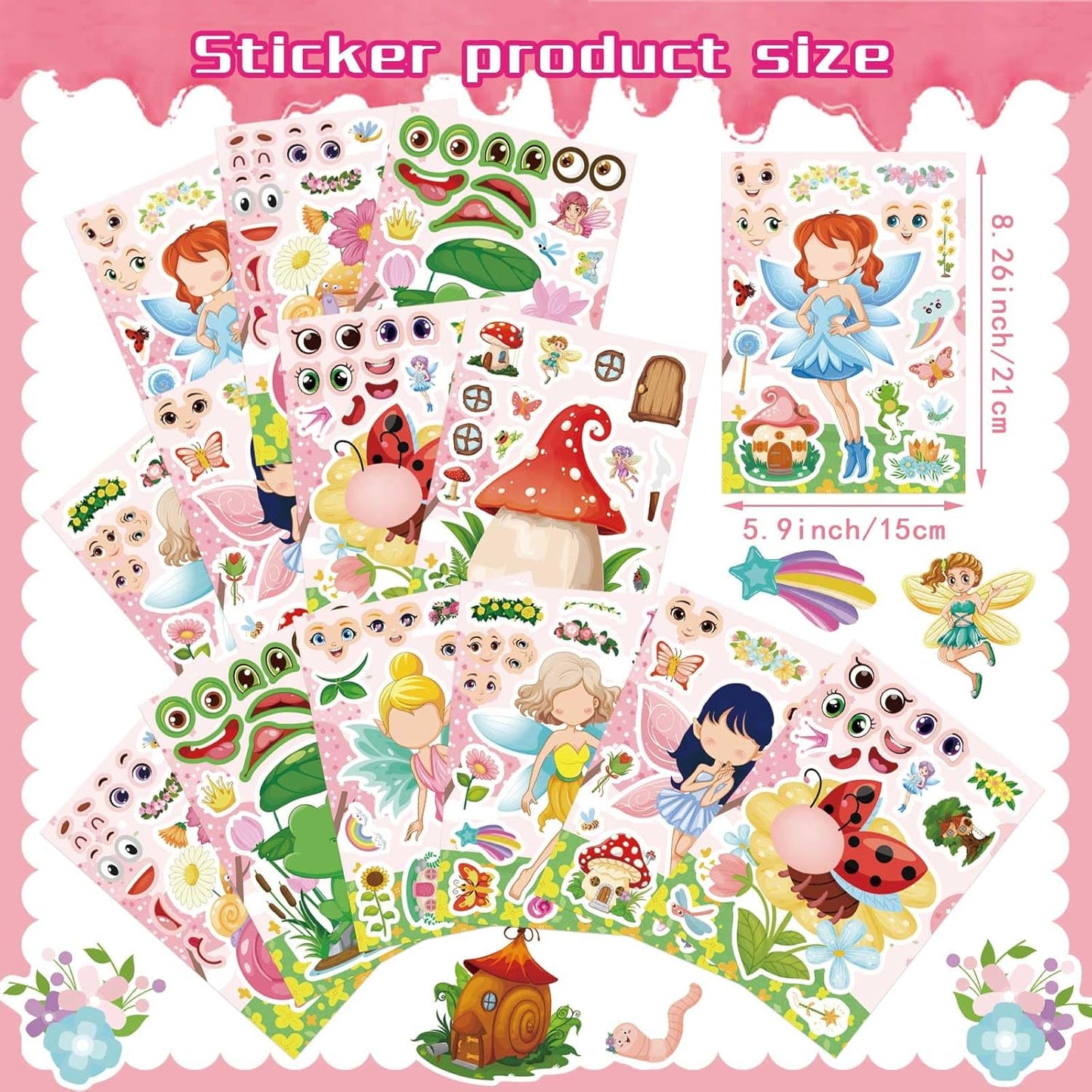 24 PCS Fairy Stickers for Kids, Make a Face Sticker with 8 Unique Designs Fairy, Frog, Mushroom, Make Your Own Stickers for Girls Birthday Party Favors, Goodie Bags, DIY Crafts