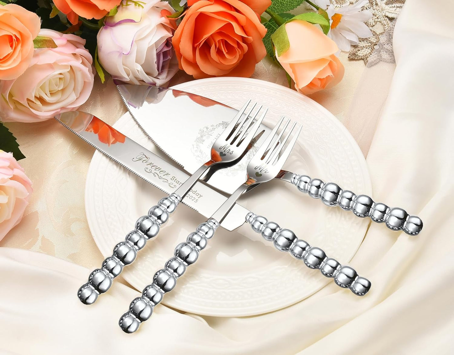 Wedding Cake Knife and Server Set, Gold Ceramic Pearl Handle Cake Cutting Set for Weddings, Engagements, Anniversaries, and Engagement Gifts for Couples