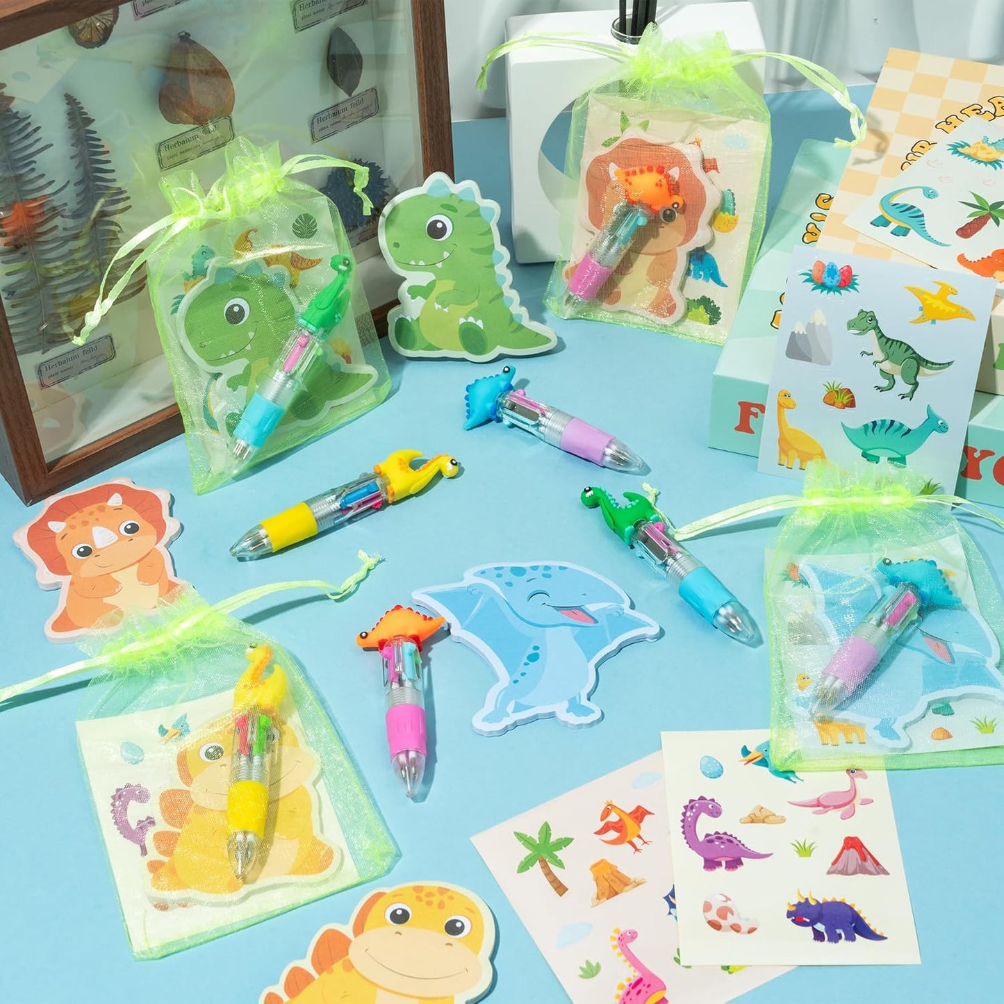 CY2SIDE Dinosaur Stationery Party Gift - 24 Pack Back to School Gifts Set Include 4-in-1 Ballpoint Pens Sticky Notes Stickers & Organza Dino Animal Party Favors Goodie Bag Fillers for Classroom Prizes