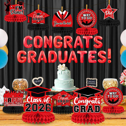 8 Pieces Class of 2026 Graduation Table Decorations - 2026 Congrats Grad Honeycomb Centerpieces, Red Black Graduation Table Toppers Decor for 2026 Graduation Party Decorations Favor Supplies