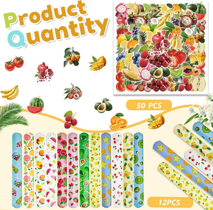 CZWXOXO 74PCS Fruit Slap Bracelets&Stickers Summer Fruit Theme 24PCS Slap Bracelets 50PCS Stickers Party Favors Basket Bag Filler School Prizes Gifts Party Favors Bulk