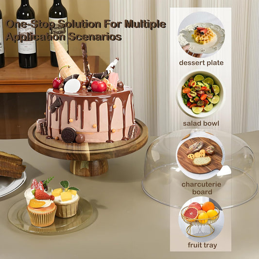 Acacia Wood Cake Stand with Lid, 12in Cake Stand with Acrylic Dome, 2-In-1 Cake Display Stand for Charcuterie Board, Chips & Dips, Fruit Platter, Wedding, Birthday, Parties