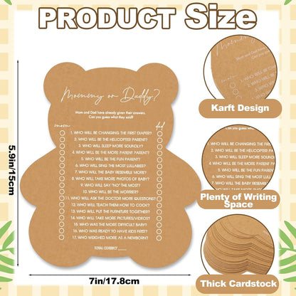 50 Pcs Bear Baby Shower Games Baby Bingo Cards Game for New Parents Girl or Boy Fun Games Gender Neutral Activity Kraft Paper Cards