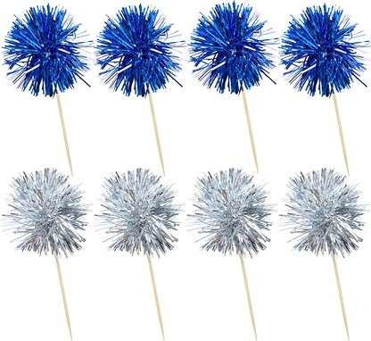 Ephlyn 30Pcs Foil Firework Cupcake Toppers Sparkle Tinsel Cupcake Picks Drink Stirrers Cocktail Food Fruit Toothpicks for Baby Shower Graduation Party Supplies White