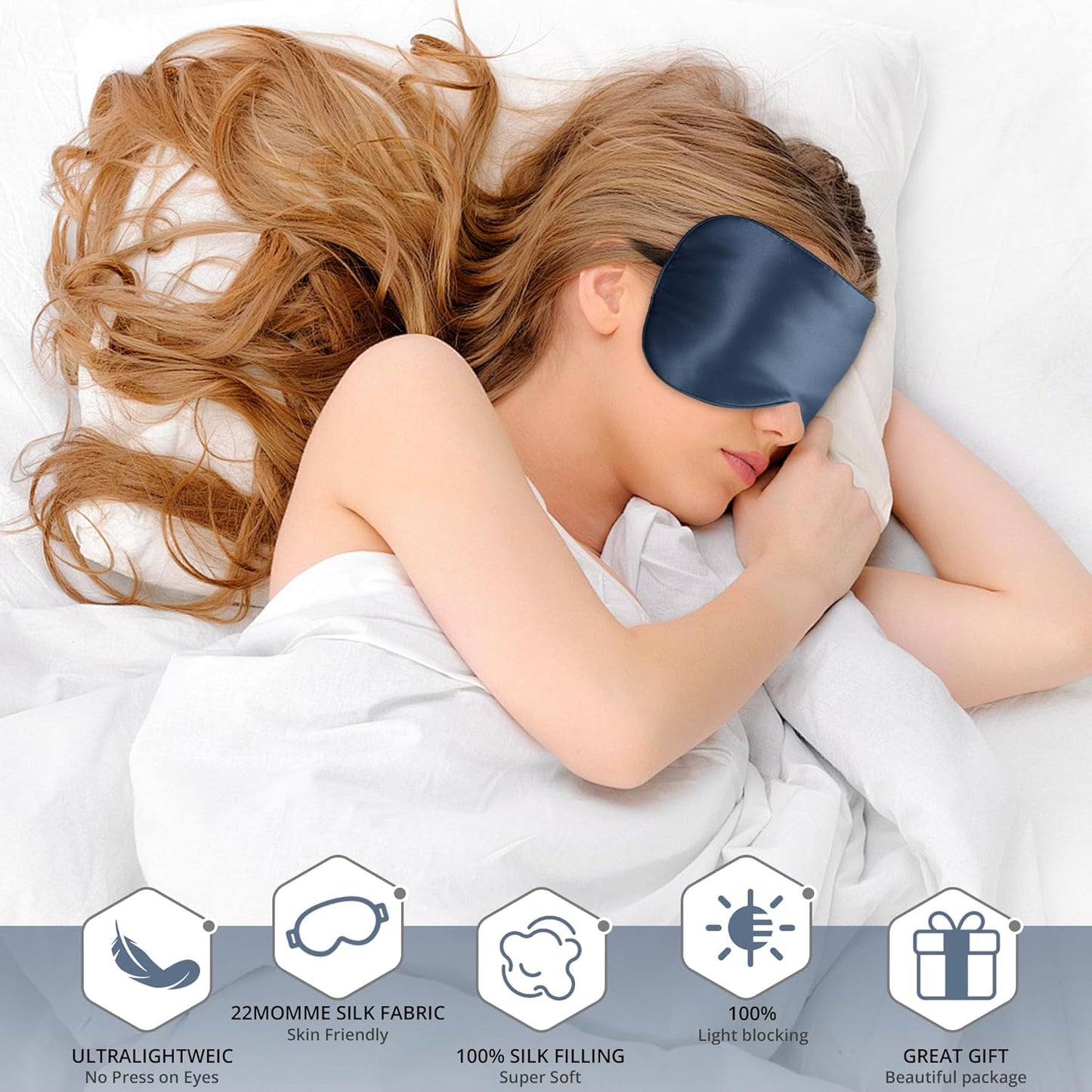 Silk Eye Mask with Adjustable Strap, Satin Blackout Sleeping Mask for Men&Women, Comfortable Blindfold Eyeshade for Night Sleep(Blue)