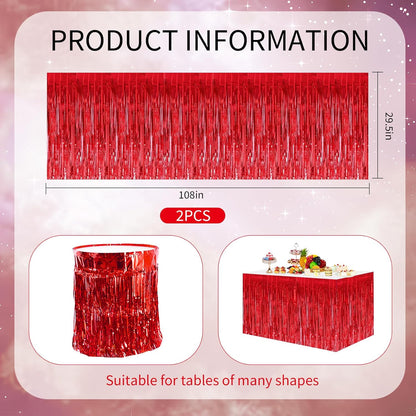 BEISHIDA 2 Pack Metallic Tinsel Foil Fringe Table Skirts for Rectangle & Round Tables Hot Pink Kids' Birthday, Holiday Cartoon Party Decorations for Birthday Valentines Baby Shower Festive Events