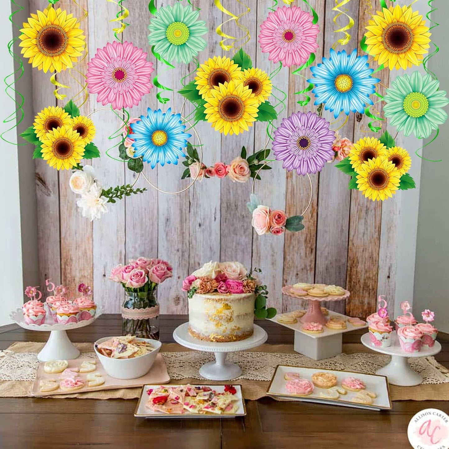 KALEFO 30PCS Spring Summer Hanging Decorations Set Sun Flowers Autumn Daisy Fairy Birthday Party Decor Mothers Day Easter Daisies Ceiling Home Decor Swirls Classroom Baby Shower