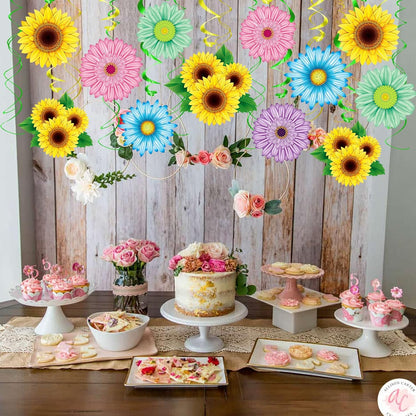 KALEFO 30PCS Spring Summer Hanging Decorations Set Sun Flowers Autumn Daisy Fairy Birthday Party Decor Mothers Day Easter Daisies Ceiling Home Decor Swirls Classroom Baby Shower