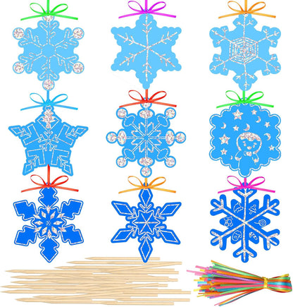 Qilery 126 Pcs Winter Snowflake Scratch Paper Arts Christmas Blue Scratch Ornaments Crafts Kits with Sticks and Ribbon for Winter Christmas Birthday Party Favors DIY Hanging Decoration