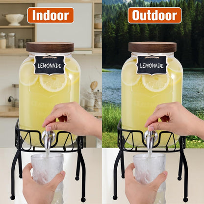 mustry Glass Drink Dispenser for Parties, 1 Gallon Beverage Dispenser with Stand and Spigot Solid Stainless Steel, Used as Lemonade Dispenser Sun Tea Jar Kombucha Jar, Set of 2