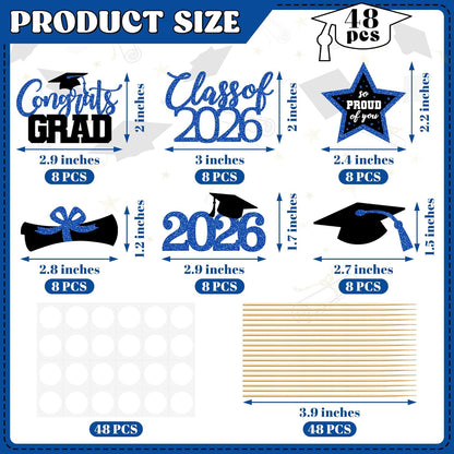 48 PCS Graduation Cupcake Toppers, Glittery 6 Styles Congrats Grad Cake Topper, Black and Red Graduation Decorations 2026, Cap and Diploma Cake Picks for Grad Party Supplies