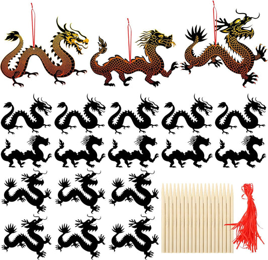 Motipuns 48 Sets Magic Color Scratch Chinese New Year Dragons, Include 48 Scratch Cards, 24 Styluses, 48 Red Strings for Creative Fun and Festive Decor