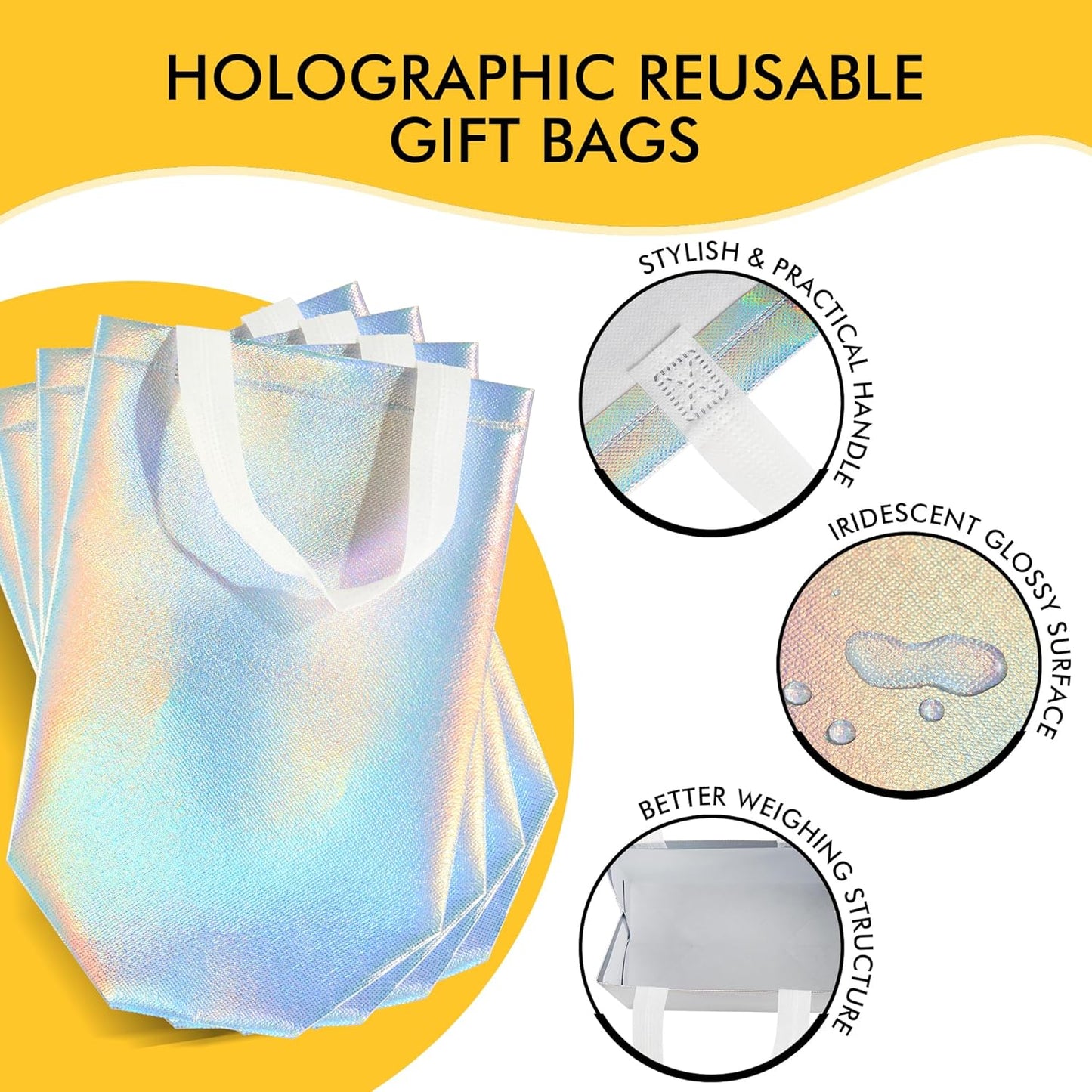 RACETOP 15 Pcs Iridescent Glossy Gift Bags Medium Size, 8x4x10 Inch Holographic Reusable Gift Bags with Handles, Ideal for Birthday, Wedding, Bachelorette, Party Favors, Holiday Goodie