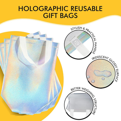RACETOP 15 Pcs Iridescent Glossy Gift Bags Medium Size, 8x4x10 Inch Holographic Reusable Gift Bags with Handles, Ideal for Birthday, Wedding, Bachelorette, Party Favors, Holiday Goodie