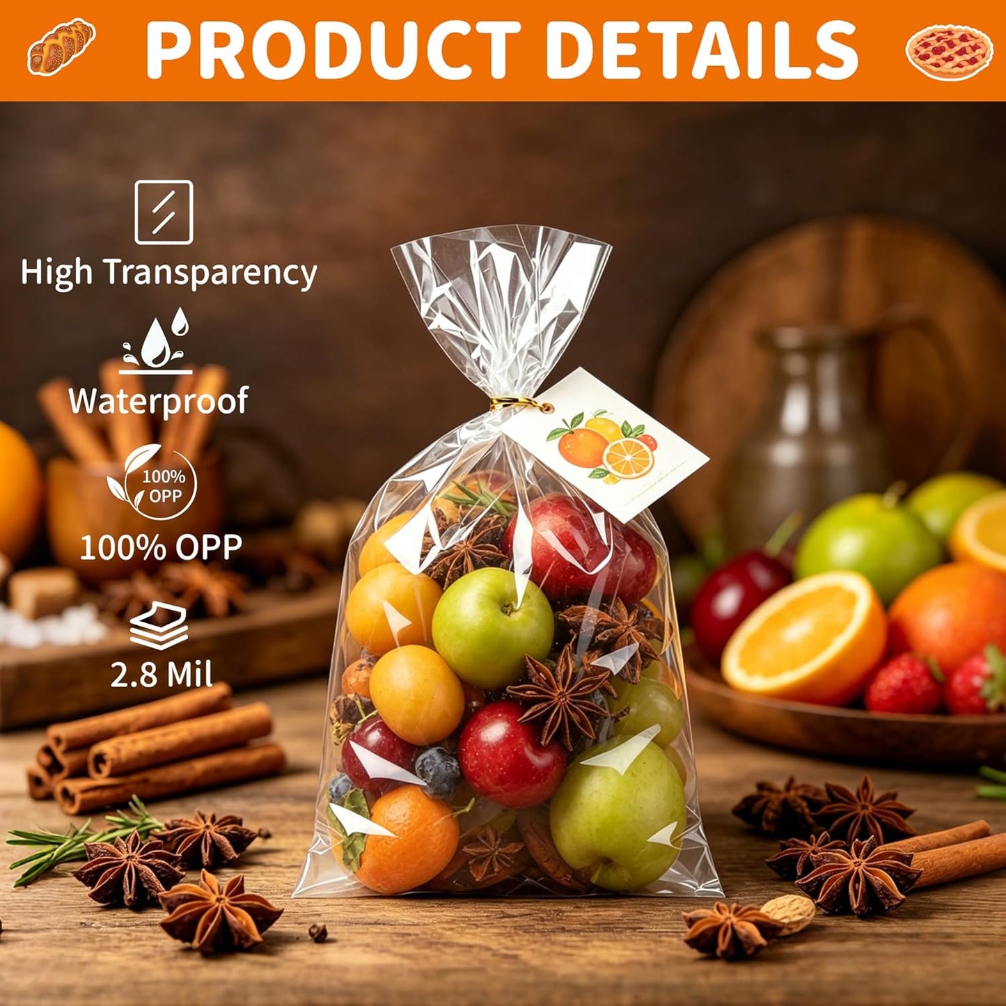 50pcs Clear Cellophane Treat Bags - 8 x 11 Inches Large Plastic Gift Bags with 60 Gold Twist Ties - Food Grade Cello Bags for Packaging Cookies, Candies, Popcorn, Bakery, Party Favors & DIY Crafts