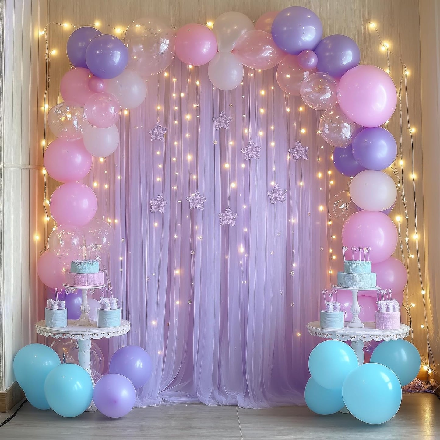 Fomcet Tulle Backdrop Curtains with Lights String White 10FT X 8FT Sheer Curtain with Lights Tulle Curtains Backdrop for Wedding Birthday Party Baby Shower Photo Shoot (2 Panels 5x8FT)