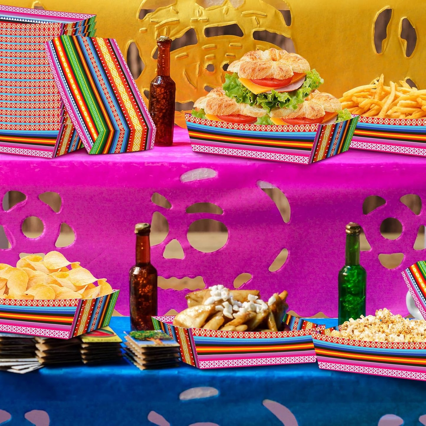 30 Pack Fiesta Mexican Food Trays, Floral and Serape Stripe Design Disposable Paper Serving Containers Boats for Taco Nights, Nachos, Fries, Popcorn, Snacks, Cinco de Mayo and Birthday Party Supplies