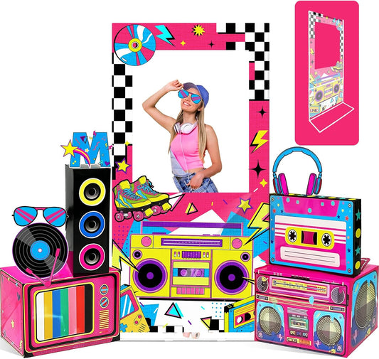 9Pcs 80s 90s Party Decorations Supplies 80s Photo Booth Props Backdrop Kit with Retro Radio Boombox Boxes Vintage 90s Photo Backdrop Hip Hop Music Theme Accessories for Boys Girls Birthday Decor