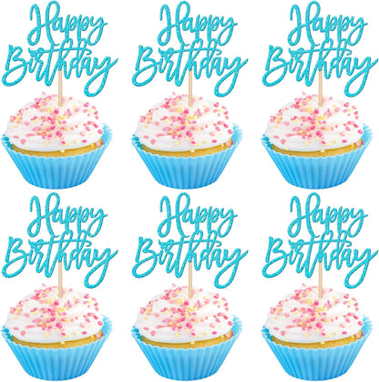 24 PCS Happy Birthday Cupcake Toppers Glitter Picks for Celebrating Anniversary Theme Party Cake Decorations Supplies Gold