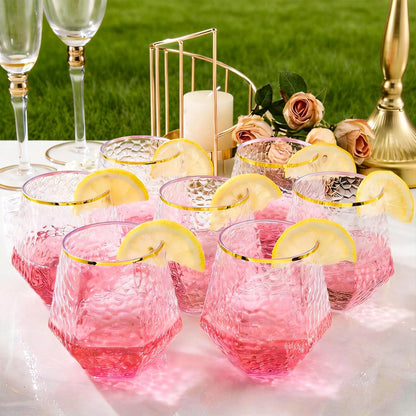 Goodluck 40 PCS Diamond Stemless Plastic Wine Whiskey Glasses, 12 Oz Disposable Cocktail Glasses, Suitable for Weddings, Birthday Parties, Family Gatherings, Bars, etc （Gold rimmed cups）