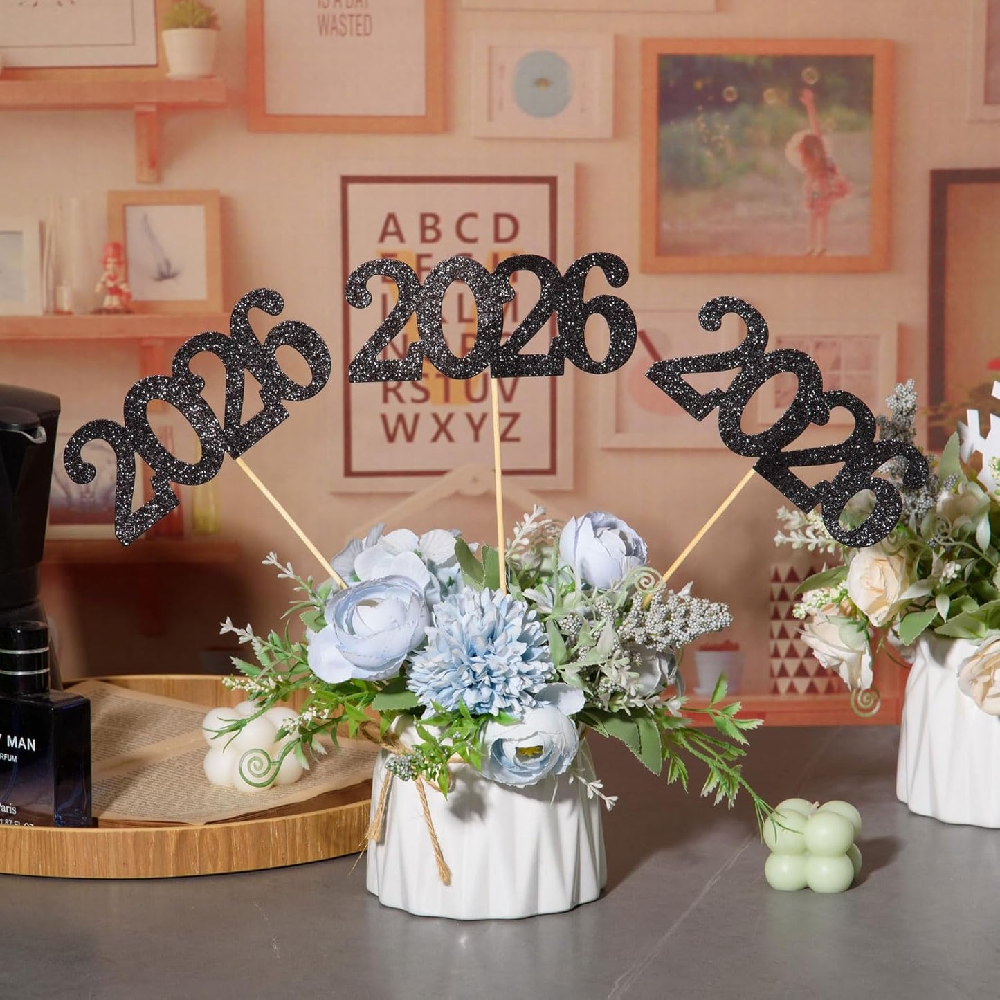 12 Pieces Glitter 2026 Centerpiece Sticks Black Double Sided 2026 Graduation Party Sticks 2026 Floral Picks Table Centerpiece Topper for 2026 Graduation New Year Party Decoration Supplies,4.9x9.1"