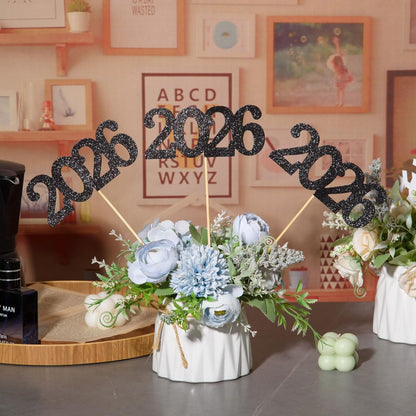 12 Pieces Glitter 2026 Centerpiece Sticks Black Double Sided 2026 Graduation Party Sticks 2026 Floral Picks Table Centerpiece Topper for 2026 Graduation New Year Party Decoration Supplies,4.9x9.1"