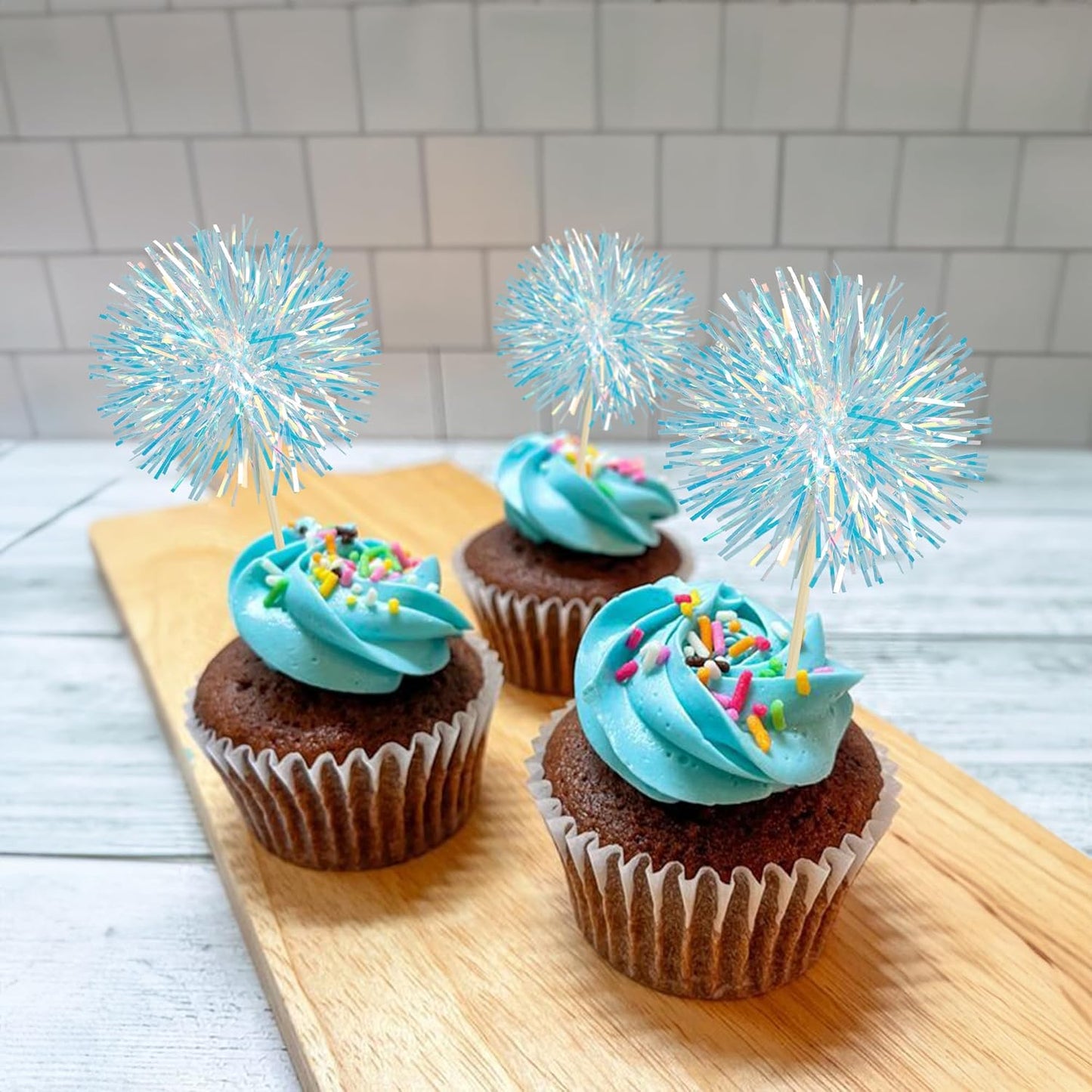 Ephlyn 30Pcs Foil Firework Cupcake Toppers Sparkle Tinsel Cupcake Picks Drink Stirrers Cocktail Food Fruit Toothpicks for Baby Shower Graduation Party Supplies White