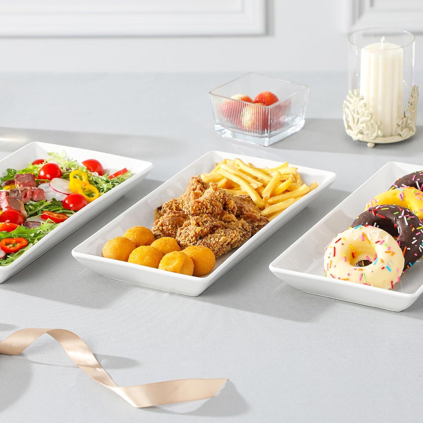 MALACASA 3 Tier Serving Trays for Party, Porcelain Serving Platters and Trays, 12 Inch Tiered Tray Stand, Fruit Tray, Trays for Serving Food, White Dessert Stand with Collapsible Sturdier Metal Rack
