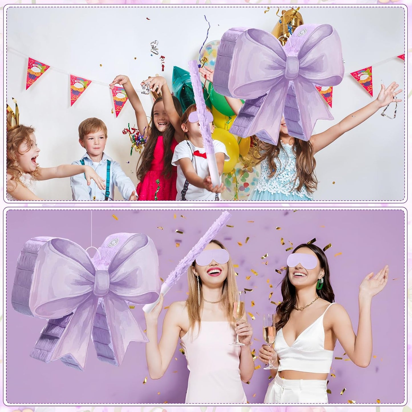 Threan Bow Piñata Bow Party Piñata with Bat Stick Blindfold Mask Coquette Birthday Centerpieces Decorations for Bridal Shower Wedding Anniversary Engagement Supplies (Purple)