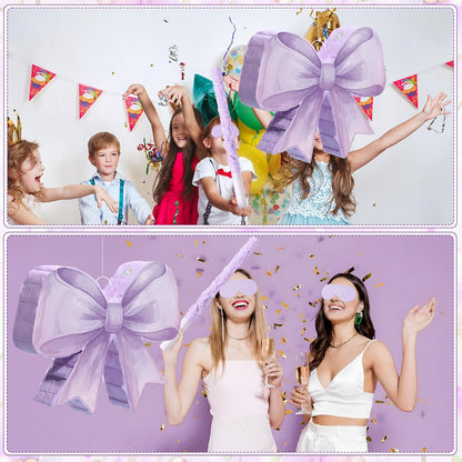Threan Bow Piñata Bow Party Piñata with Bat Stick Blindfold Mask Coquette Birthday Centerpieces Decorations for Bridal Shower Wedding Anniversary Engagement Supplies (Purple)