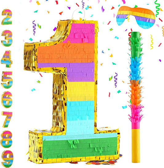 Rainbow Number 5 Pinata for 5th Birthday Party Decorations, Birthday Pinata with Stick Blindfold and Confetti, Kids Anniversary Celebration, Fiesta (Small, 16.5 x 11.5 x 3 In)