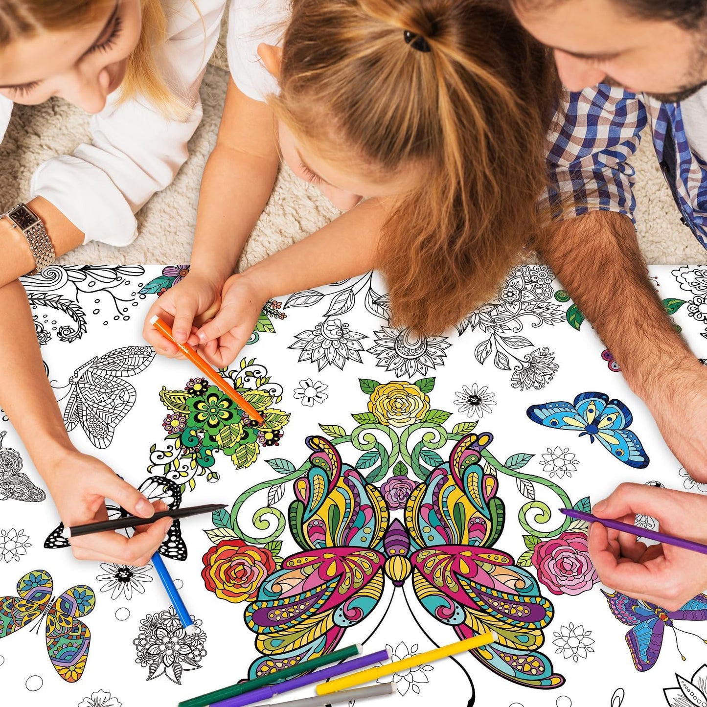 43.3x31.5 Summer Coloring Poster with Picture, Giant Cute Painting Poster, Large Coloring Tablecloth for Classroom Home Birthday Party Supplies Favor