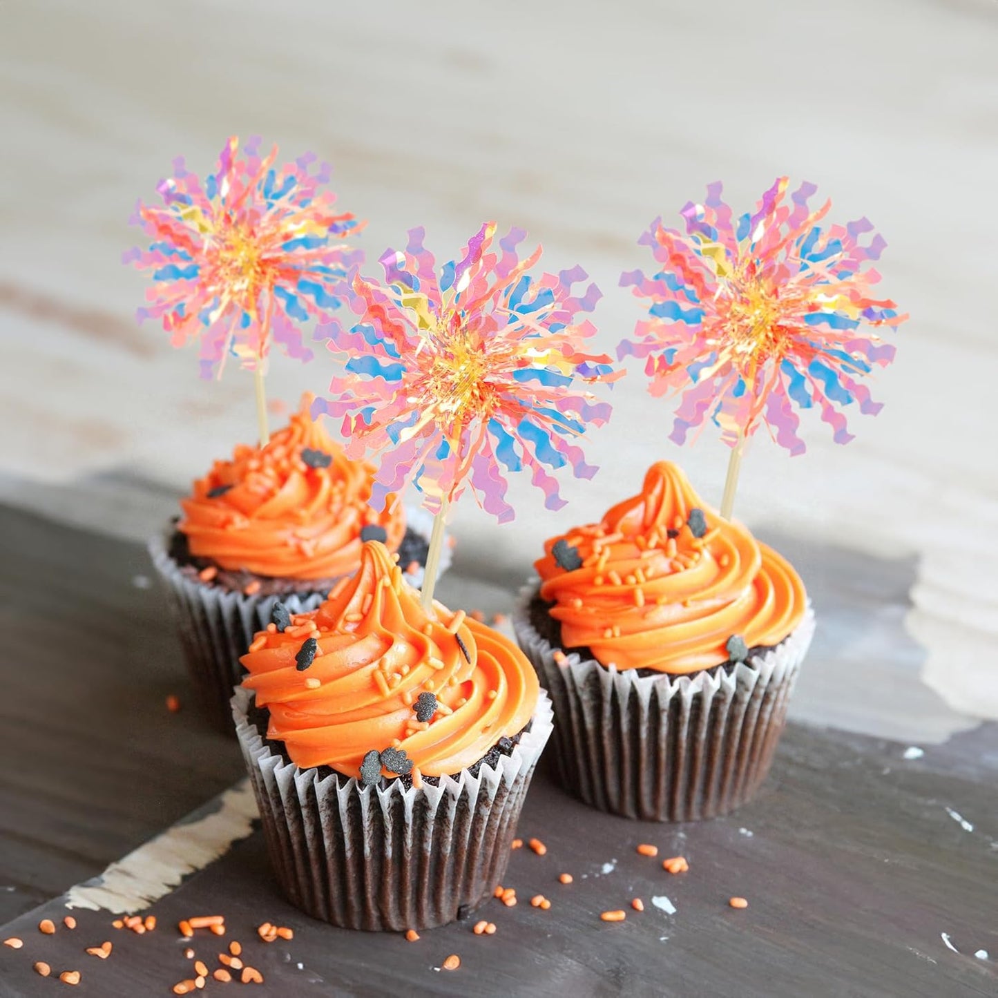 Ephlyn 30Pcs Foil Firework Cupcake Toppers Sparkle Tinsel Cupcake Picks Drink Stirrers Cocktail Food Fruit Toothpicks for Baby Shower Graduation Party Supplies White