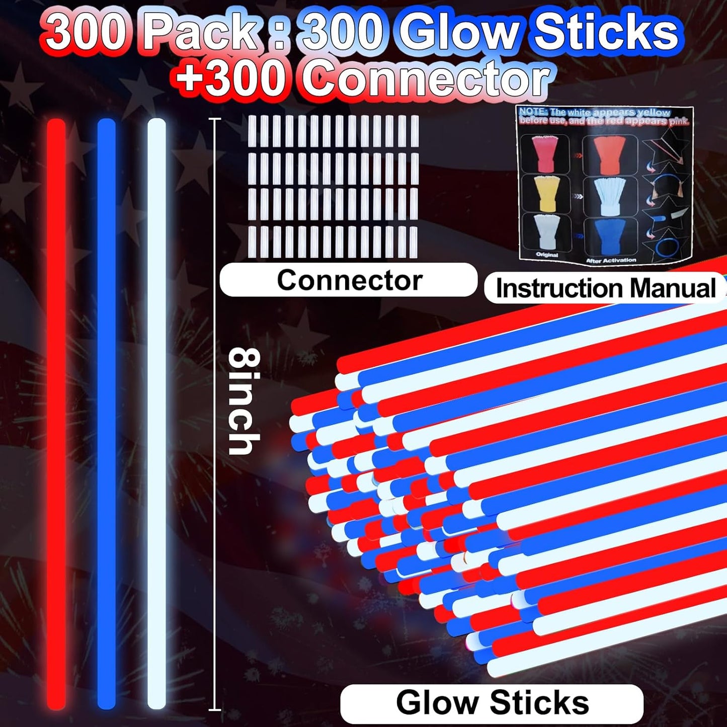 300 Pack 4th of July Glow Sticks Party Favors with Connectors,Patriotic Red White Blue Glow Stick Bracelets Nacklaces Glow in the Dark Party Accessories Memorial Day Decorations,250th Anniversary USA