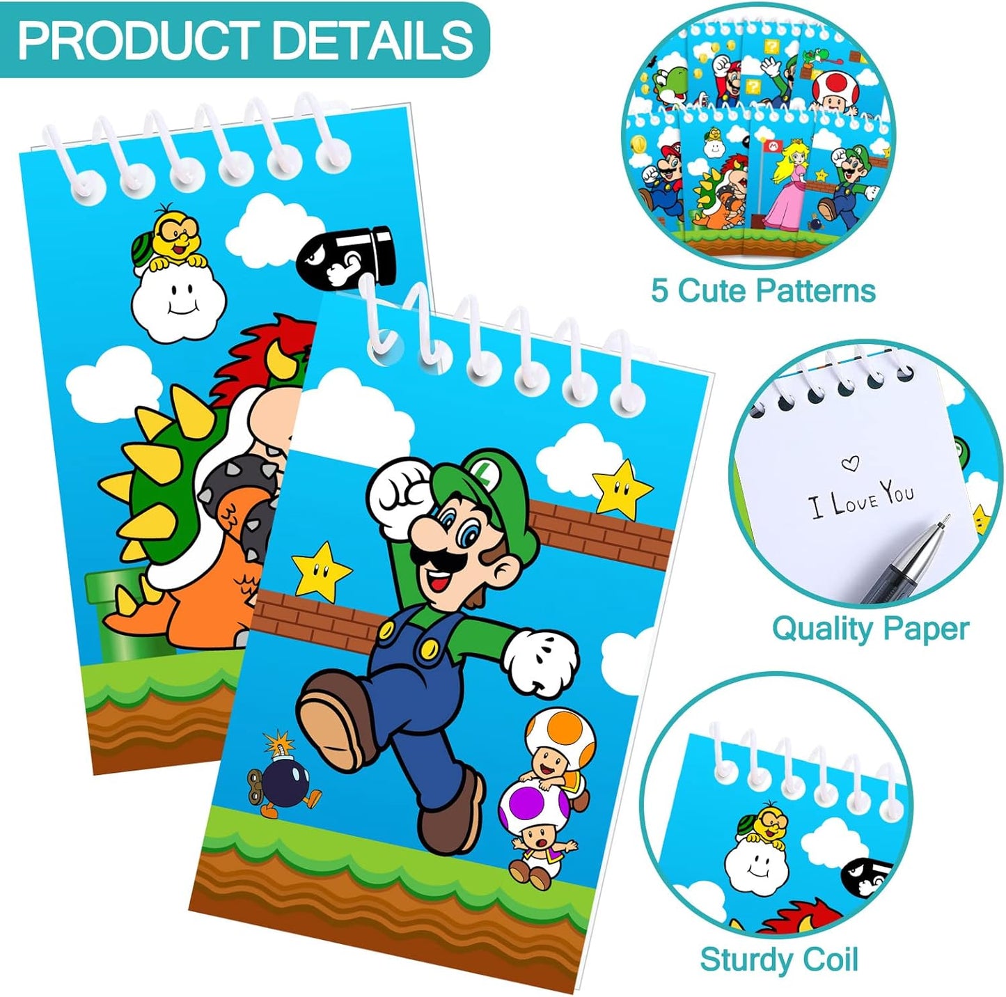 Mario Birthday Party Supplies, 24Pcs Mini Notepads for Mario Birthday Party, Goodie Bag Stuffers, Children Classroom Rewards, 8 Types